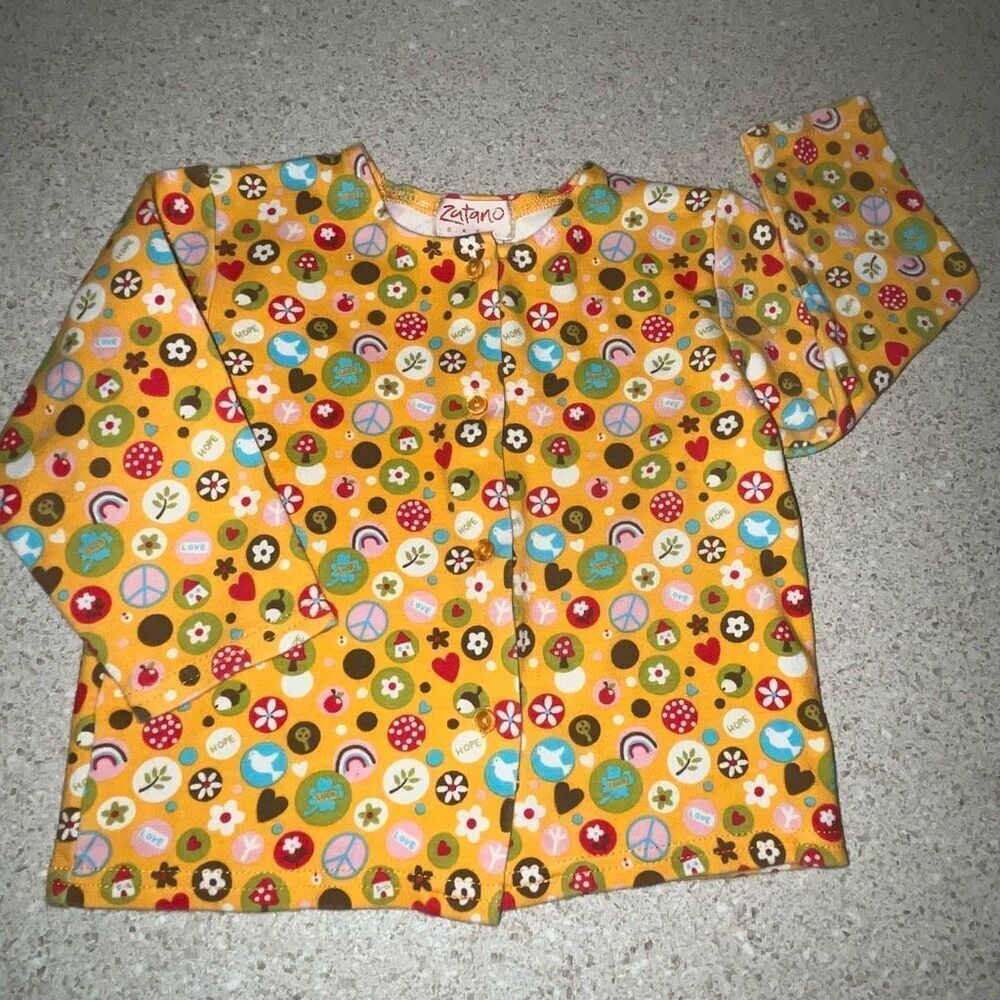 Zutano Baby Button Front Cardigan Top Girls 12-18 Months Orange 70s Print Cotton